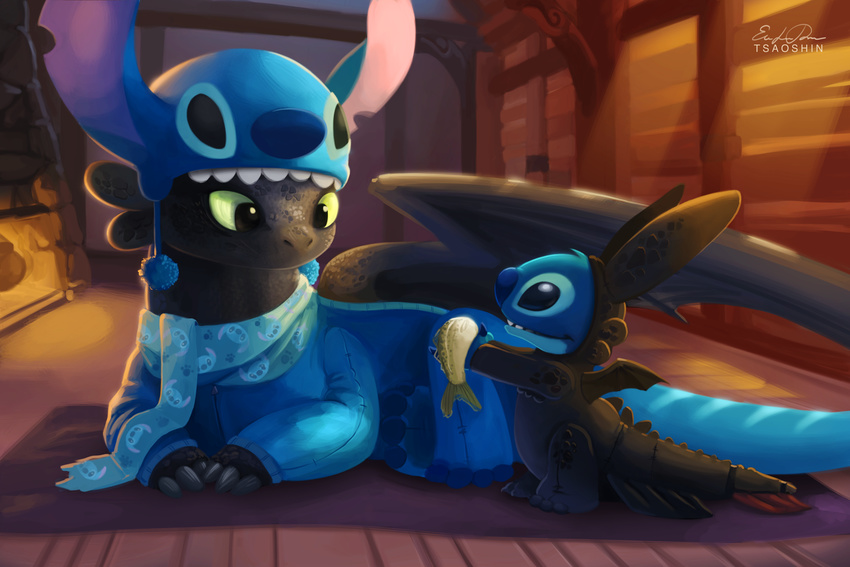 afternoon alien anthro big_ears black_dragon black_scales claws clothed clothing cosplay costume crossover cute disney dragon duo feral fish fur grasp hat headgear hi_res holding how_to_train_your_dragon inside lilo_and_stitch long_ears looking_down looking_up lying male marine night_fury offering on_floor on_stomach raised_arm room scarf sharp_teeth size_difference standing stitch sunlight teeth toe_claws toothless tsaoshin wings