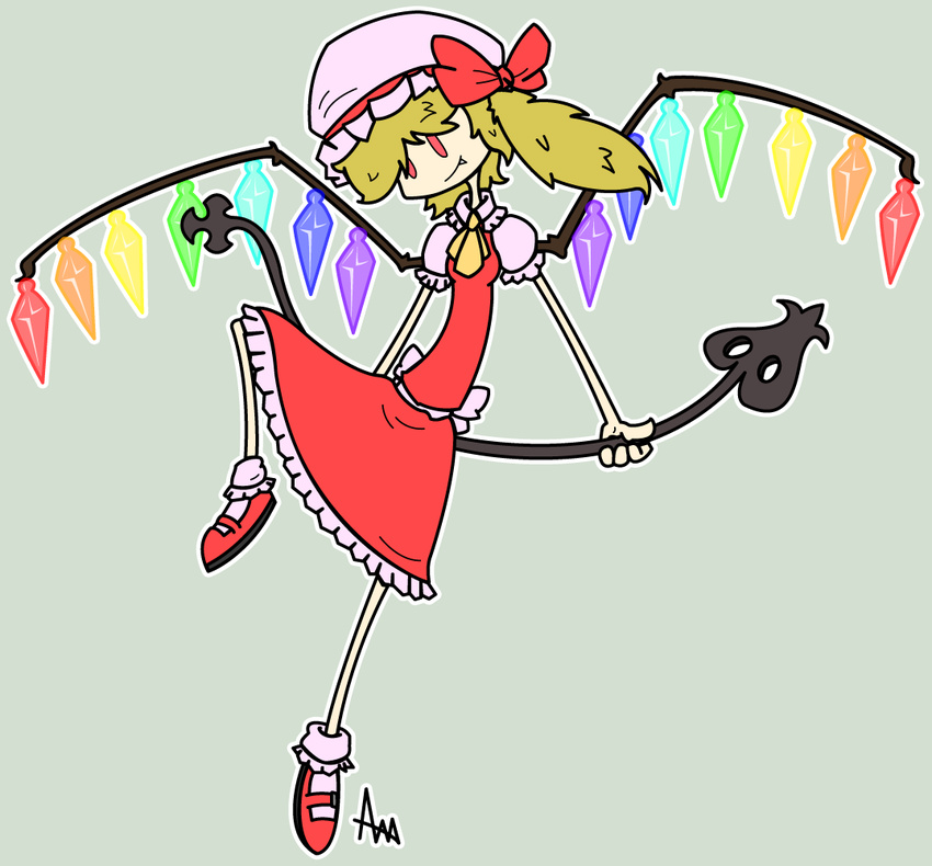 ascot blonde_hair crystal dress fang flandre_scarlet grey_background grim-evilnov hat laevatein mob_cap outline red_dress red_eyes signature simple_background smile solo touhou wings