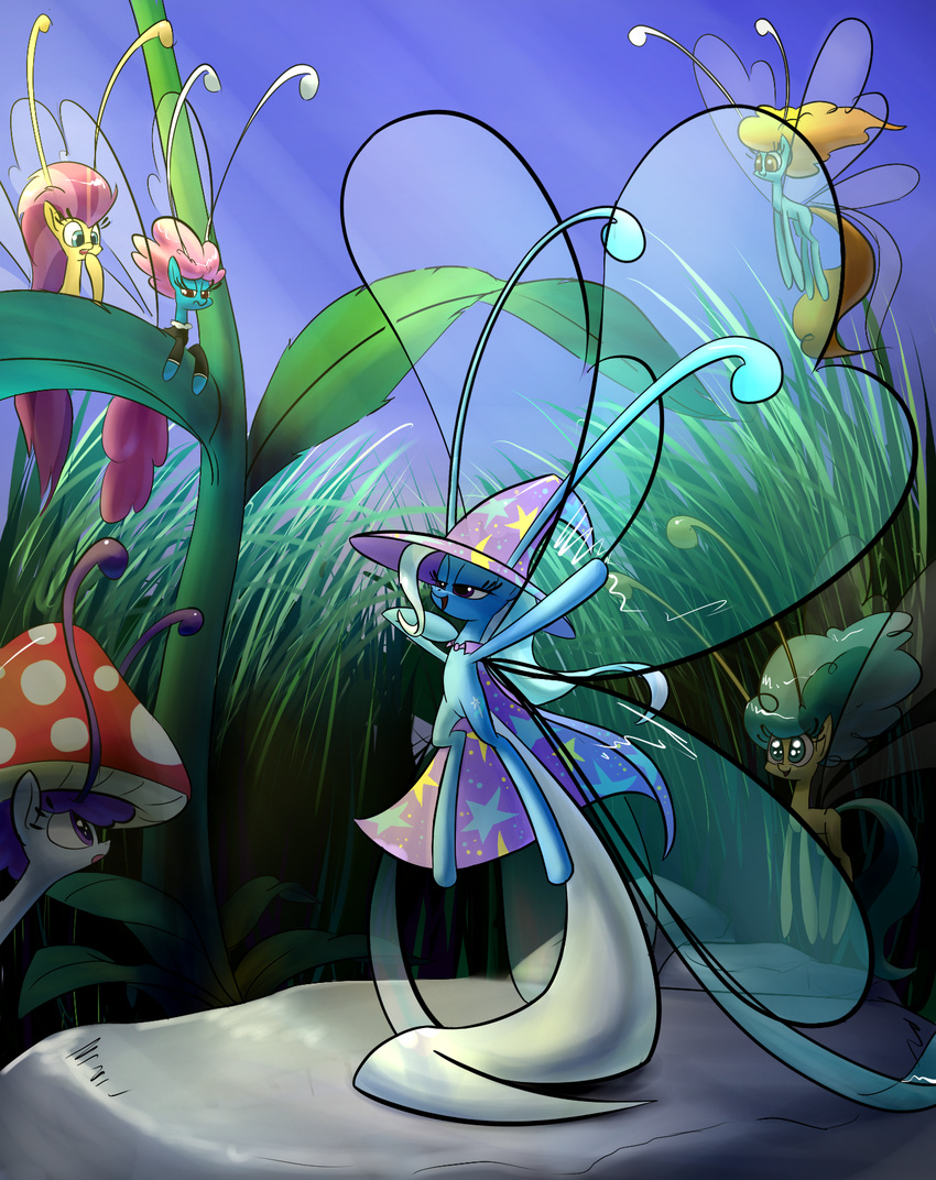 antennae arthropod blonde_hair blue_eyes blue_hair breezie cape cutie_mark female flying foliage friendship_is_magic grass green_eyes green_hair group hair hat insect male mushroom my_little_pony pink_hair plant purple_eyes rock seabreeze_(mlp) stone trixie_(mlp) two_tone_hair underpable unimpressed wings wizard_hat yellow_eyes