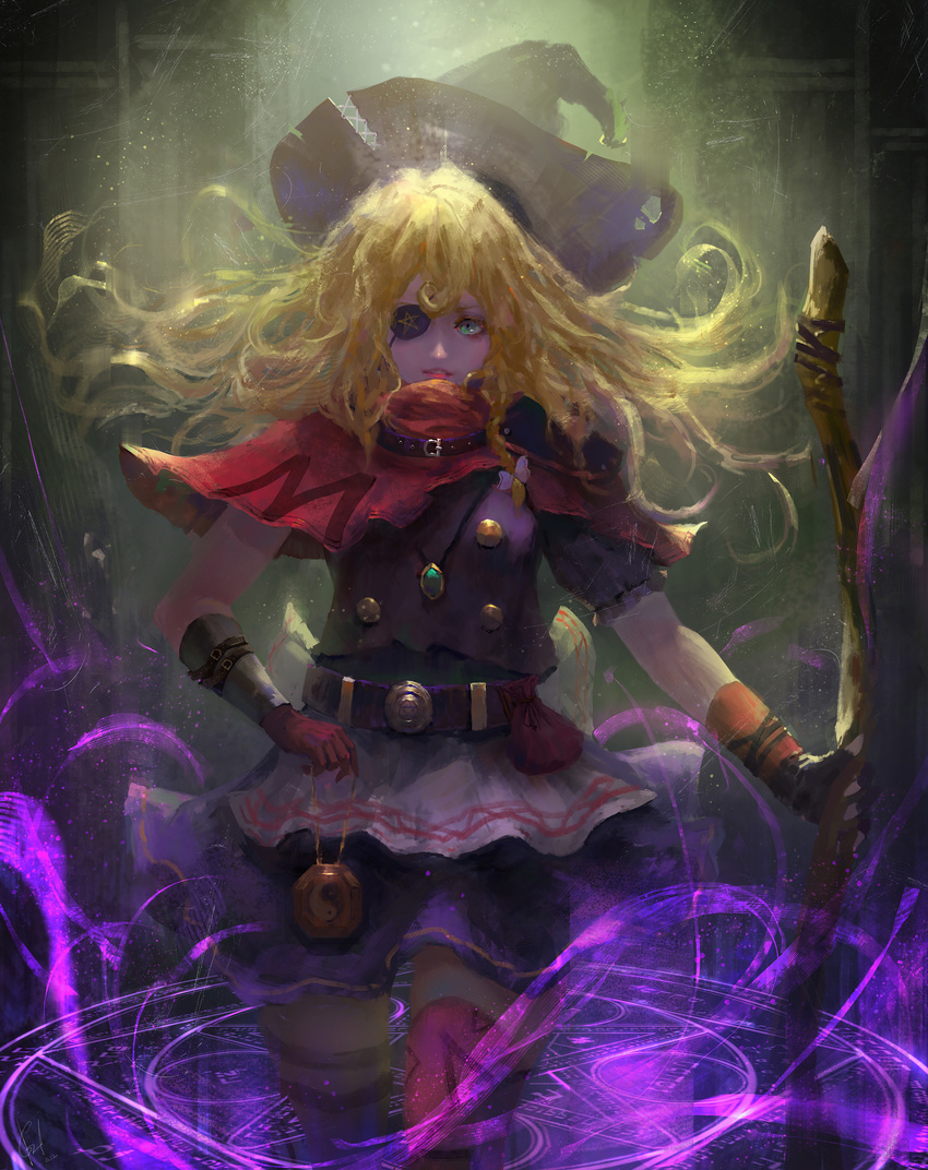 absurdres adapted_costume apron belt blonde_hair capelet eyepatch gauntlets gracehoo green_eyes hat highres kirisame_marisa long_hair looking_at_viewer magic_circle red_eyes shirt skirt solo staff thigh_strap touhou waist_apron witch_hat yin_yang