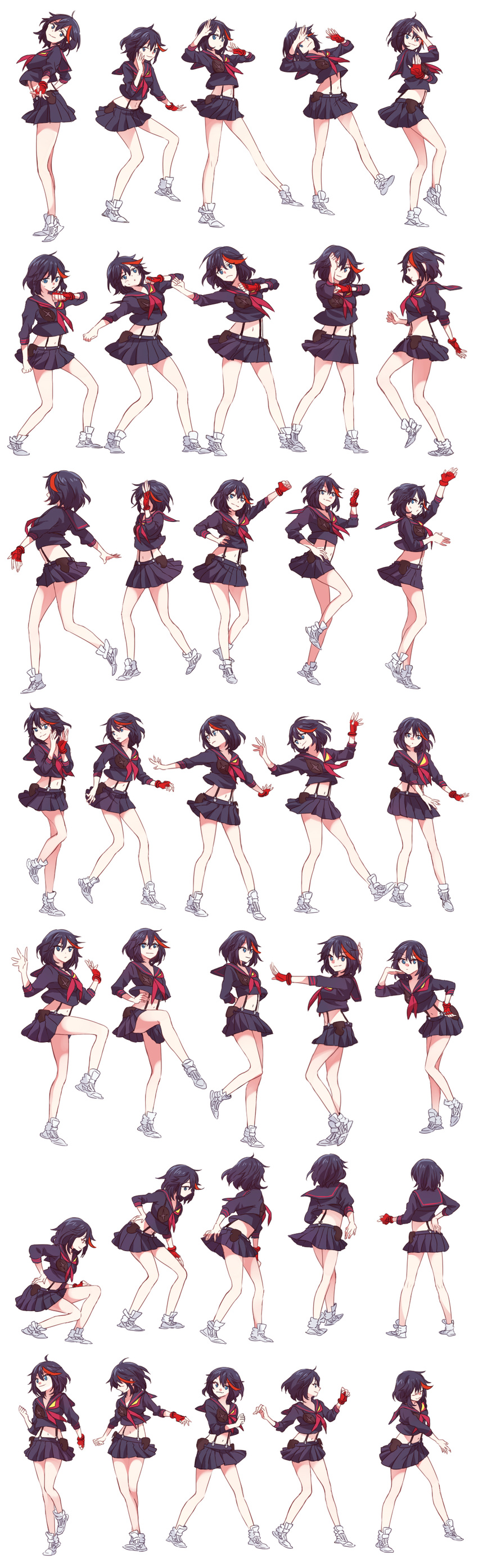 absurdres black_hair blue_eyes chim dancing fingerless_gloves gloves highlights highres kill_la_kill matoi_ryuuko midriff multicolored_hair pleated_skirt pose school_uniform senketsu serafuku shoes short_hair single_glove skirt sneakers solo suspenders