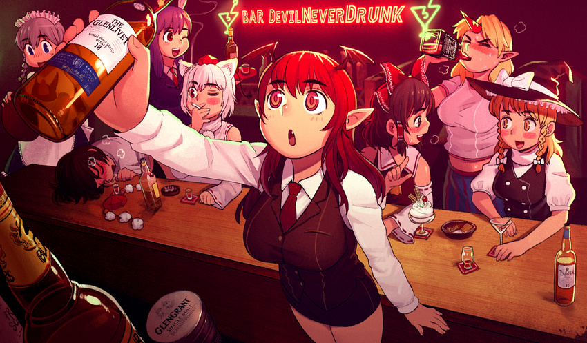 alcohol animal_ears apron ashtray bad_id bad_pixiv_id bar bartender blonde_hair blue_eyes bottle bow braid breasts bunny_ears cherry cigarette cocktail_glass cup detached_sleeves drinking drinking_glass drunk food foreshortening fruit glenlivet hair_bow hair_tubes hakurei_reimu hat hat_removed head_wings headwear_removed horn hoshiguma_yuugi ice_cream indoors inubashiri_momiji izayoi_sakuya jack_daniel's kirisame_marisa koakuma large_breasts long_hair long_sleeves looking_at_another looking_up maid_headdress medium_breasts midriff multiple_girls necktie neon_lights no_wings olive one_eye_closed pointy_ears product_placement purple_hair red_eyes red_hair reisen_udongein_inaba ribbon-trimmed_sleeves ribbon_trim shameimaru_aya short_hair short_sleeves shot_glass silver_hair skirt skirt_set smoking suit_jacket sweat thomas_hewitt tokin_hat toothpick touhou tray twin_braids unconscious waist_apron whiskey witch_hat wolf_ears