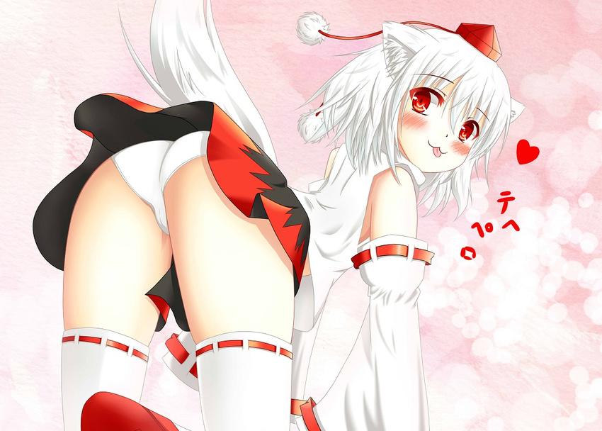 :3 animal_ears ass bare_shoulders blush detached_sleeves hat heart hino_(kagami) inubashiri_momiji looking_at_viewer midriff panties red_eyes short_hair silver_hair solo tail tokin_hat tongue tongue_out touhou translation_request underwear white_legwear white_panties wolf_ears wolf_tail