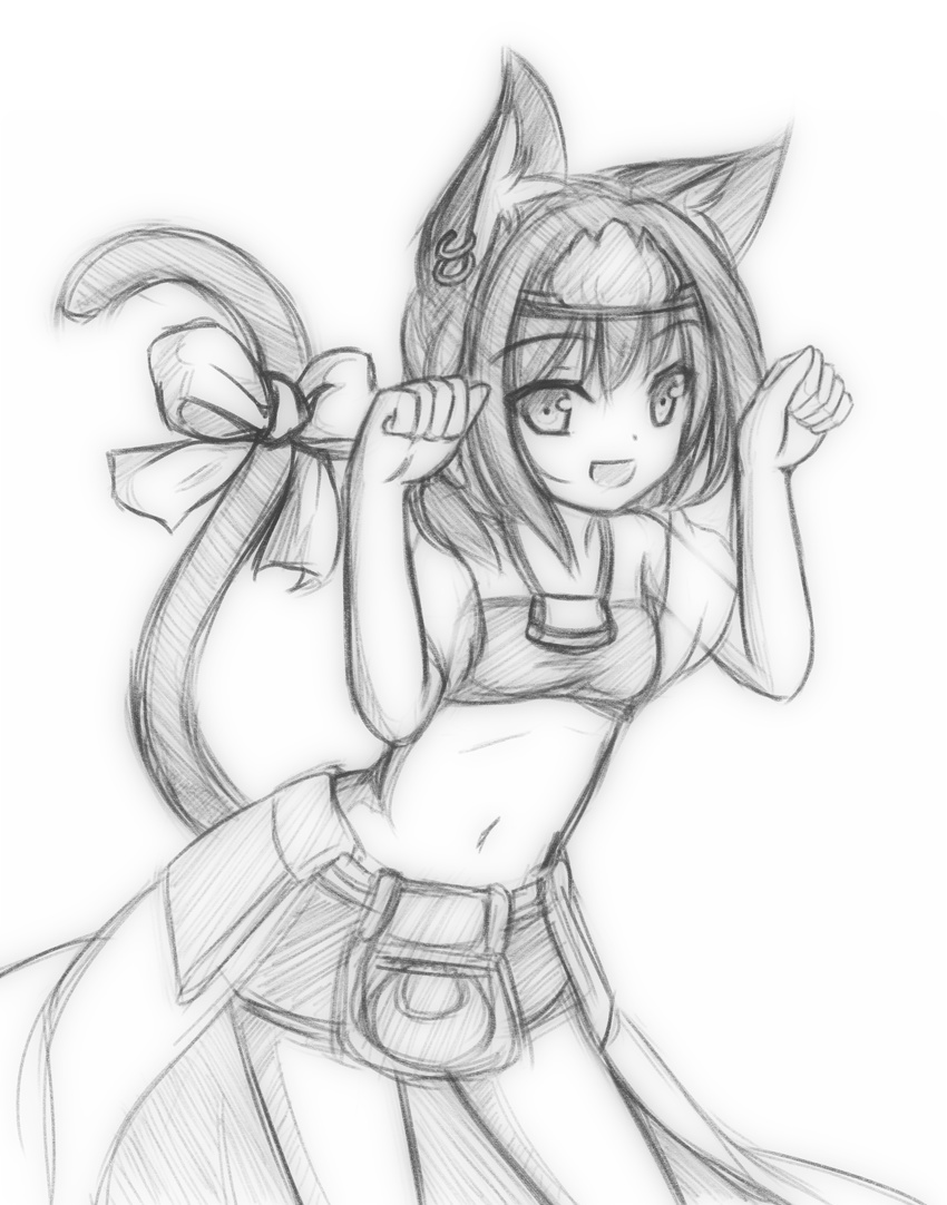 animal_ears bow cat_ears cat_tail greyscale highres looking_at_viewer minaha_(playjoe2005) monochrome navel open_mouth paw_pose sakahime_(shikihime_zoushi) shikihime_zoushi short_hair simple_background sketch smile solo tail tail_bow white_background