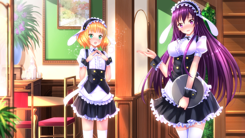 alternate_costume bad_id bad_pixiv_id blonde_hair blush breasts fleur_de_lapin_uniform frills full-face_blush gochuumon_wa_usagi_desu_ka? green_eyes highres kirima_sharo lolita_fashion long_hair matching_outfit medium_breasts multiple_girls purple_eyes purple_hair short_hair small_breasts sparkle swordsouls tedeza_rize thighhighs tray waitress white_legwear wrist_cuffs