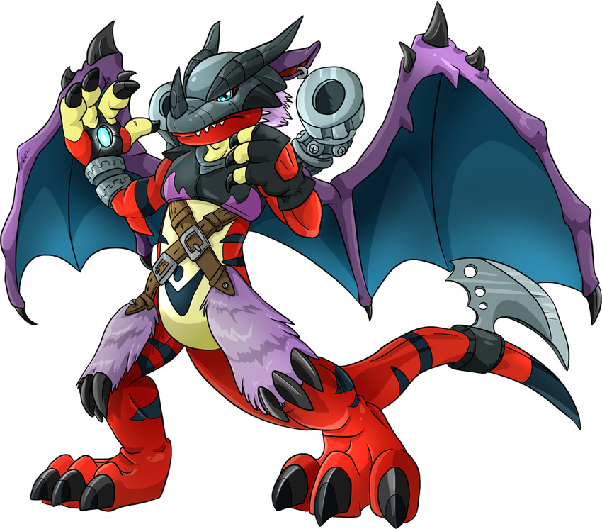 anthro armor digimon gun high_tech izzyreddragon male megalodramon original_character plain_background ranged_weapon red_dragon solo transparent_background weapon