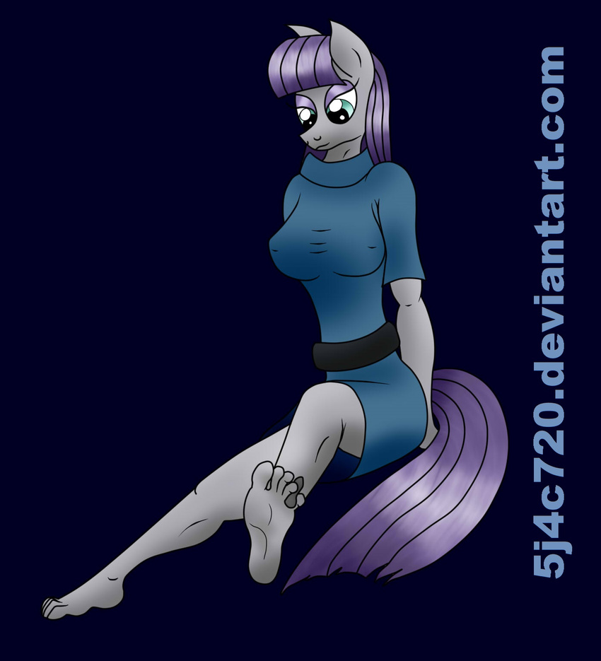 5j4c720 anthro blue_background blue_eyes boulder_(mlp) clothing equine female fingers foot_focus friendship_is_magic fur grey_fur hair hands horse human_feet mammal maud_pie_(mlp) my_little_pony plain_background plantigrade pony purple_hair sitting smile soles solo toes