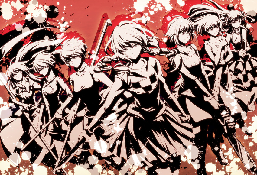 6+girls axe aya_(hallucigenia) bangs baseball_bat blood blood_splatter braid chainsaw chie_(lcddem) collarbone crossover dress hair_ornament hallucigenia_(game) hatchet holding knife lcddem lead_pipe long_hair looking_at_viewer madotsuki monochrome multiple_crossover multiple_girls nail nail_bat nose_hatchet olmatown ponytail sabitsuki scythe shadow short_hair sick_mind sidelocks skirt trait_connection twin_braids urotsuki usotsuki weapon white_hair yamitsuki_(sick_mind) yume_2kki yume_nikki yume_nisshi