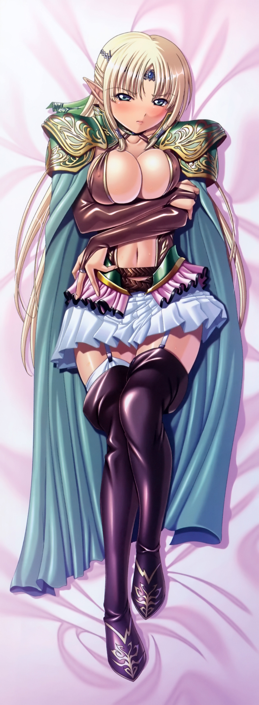absurdres armor bangs bed_sheet belt black_legwear blonde_hair blue_eyes boots bow breast_hold breasts bridal_gauntlets cape center_opening circlet collar covered_nipples crossed_arms dakimakura elf elysia_(kyonyuu_fantasy) embarrassed fantasy faulds from_above frown full_body garter_straps gem hair_bow hair_tubes halterneck hand_on_hip highres holding_arm kyonyuu_fantasy kyonyuu_fantasy_2 large_breasts long_hair long_image looking_at_viewer lying midriff miniskirt multiple_belts navel official_art on_back parted_bangs pauldrons pleated_skirt pointy_ears q-gaku scan shiny shiny_clothes sidelocks skirt solo sweat tall_image thigh_boots thighhighs very_long_hair white_skirt zettai_ryouiki
