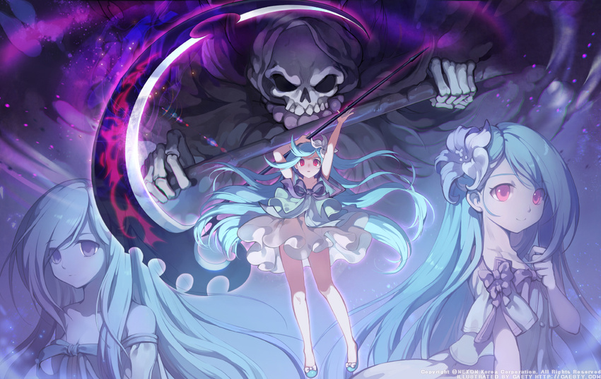 benya_(tales_weaver) blue_hair breasts caesty death_(entity) flower hair_flower hair_ornament long_hair red_eyes scythe small_breasts solo tales_weaver wind wind_lift