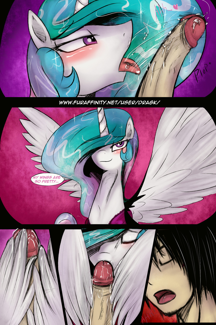 bestiality black_hair blush comic dialog dragk duo english_text equine eyes_closed female feral friendship_is_magic fur hair horn human interspecies male mammal multi-colored_hair my_little_pony penis princess_celestia_(mlp) purple_eyes straight text tongue white_fur winged_unicorn wingjob wings