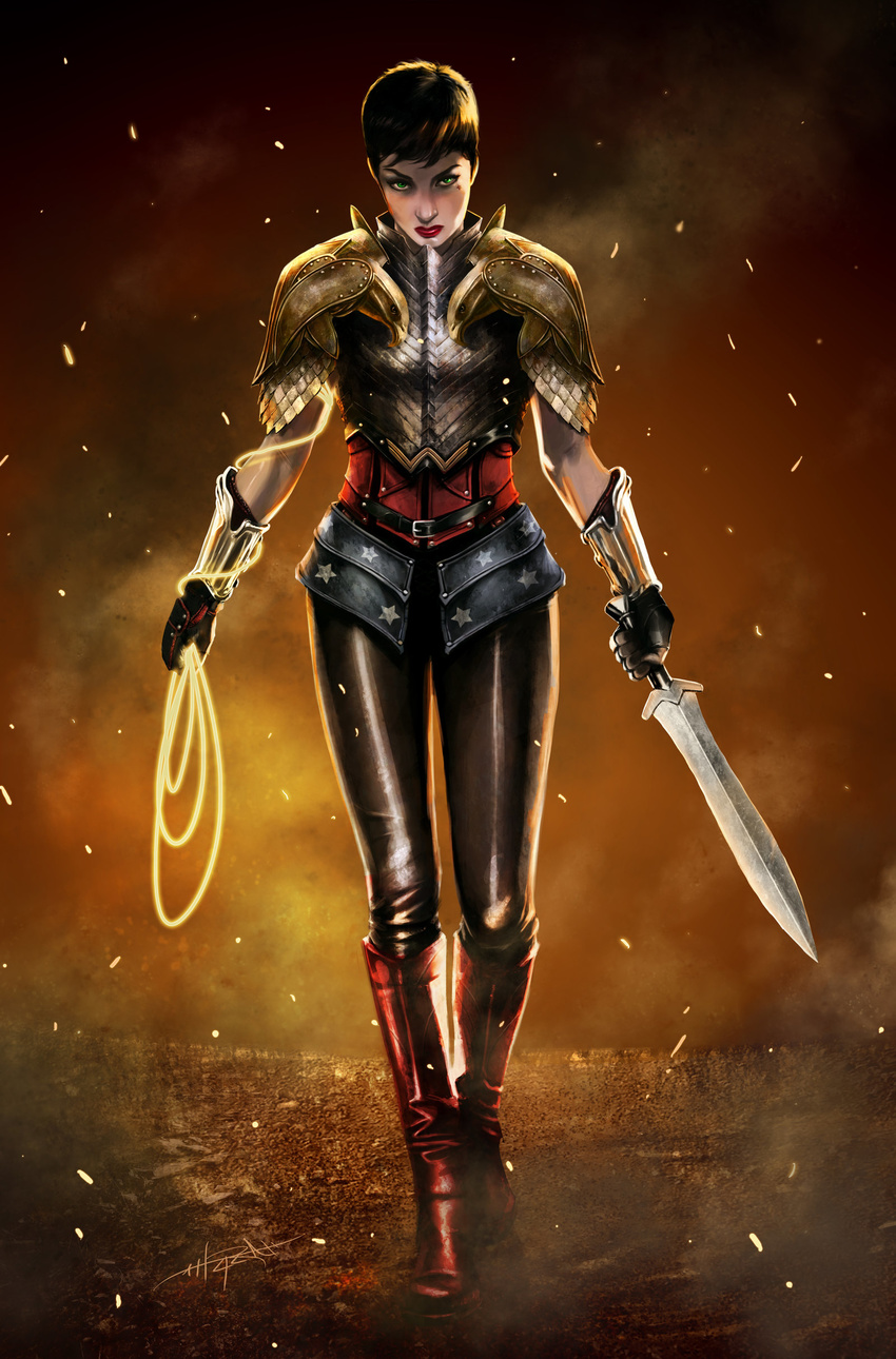 1girl amazon armor boots dc_comics female full_body gloves green_eyes lasso pauldrons pixie_cut rahzzah realistic scale_armor short_hair solo star star_print sword walking weapon wonder_woman wonder_woman_(series)