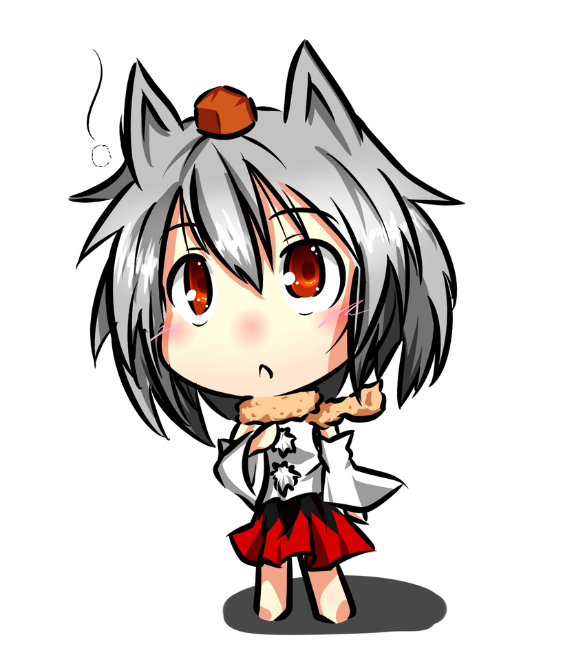 animal_ears bare_shoulders blush chibi detached_sleeves hat highres inubashiri_momiji looking_up open_mouth pom_pom_(clothes) red_eyes scarf shirt short_hair silver_hair skirt snow solo tokin_hat touhou white_shirt wolf_ears