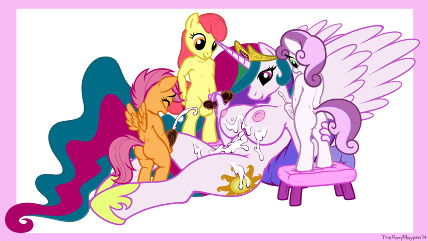 anthro anthrofied apple_bloom_(mlp) balls barefoot big_breasts bow breasts butt cub cum cum_on_breasts cum_on_leg cum_on_stomach cumshot cutie_mark cutie_mark_crusaders_(mlp) dickgirl equine erection eyelashes eyes_closed feathers foursome friendship_is_magic fur group group_sex hair handjob happy hooves horn horse huge_breasts intersex long_hair looking_down mammal messy mohawk multi-colored_hair my_little_pony navel nipples nude orgasm pegasus penis pony princess princess_celestia_(mlp) royalty scootaloo_(mlp) sex short_hair sitting size_difference smile standing stool sun sweetie_belle_(mlp) theponyplaypen unicorn vein veiny_penis winged_unicorn wings young