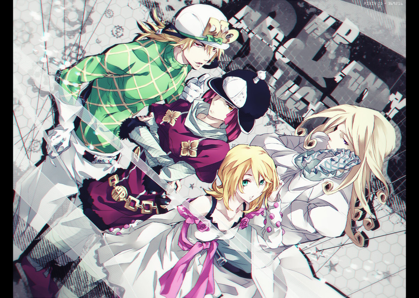 2girls ankai_(rappelzankai) arms_behind_back belt blonde_hair blue_eyes boots character_name checkered crossed_arms diego_brando dress flower formal funny_valentine gloves hand_on_hip hat hat_over_one_eye hot_pants_(sbr) jacket jojo_no_kimyou_na_bouken long_hair long_jacket lucy_steel md5_mismatch multiple_boys multiple_girls necktie pink_hair pointing red_eyes short_hair steel_ball_run suit sweater turtleneck white_suit