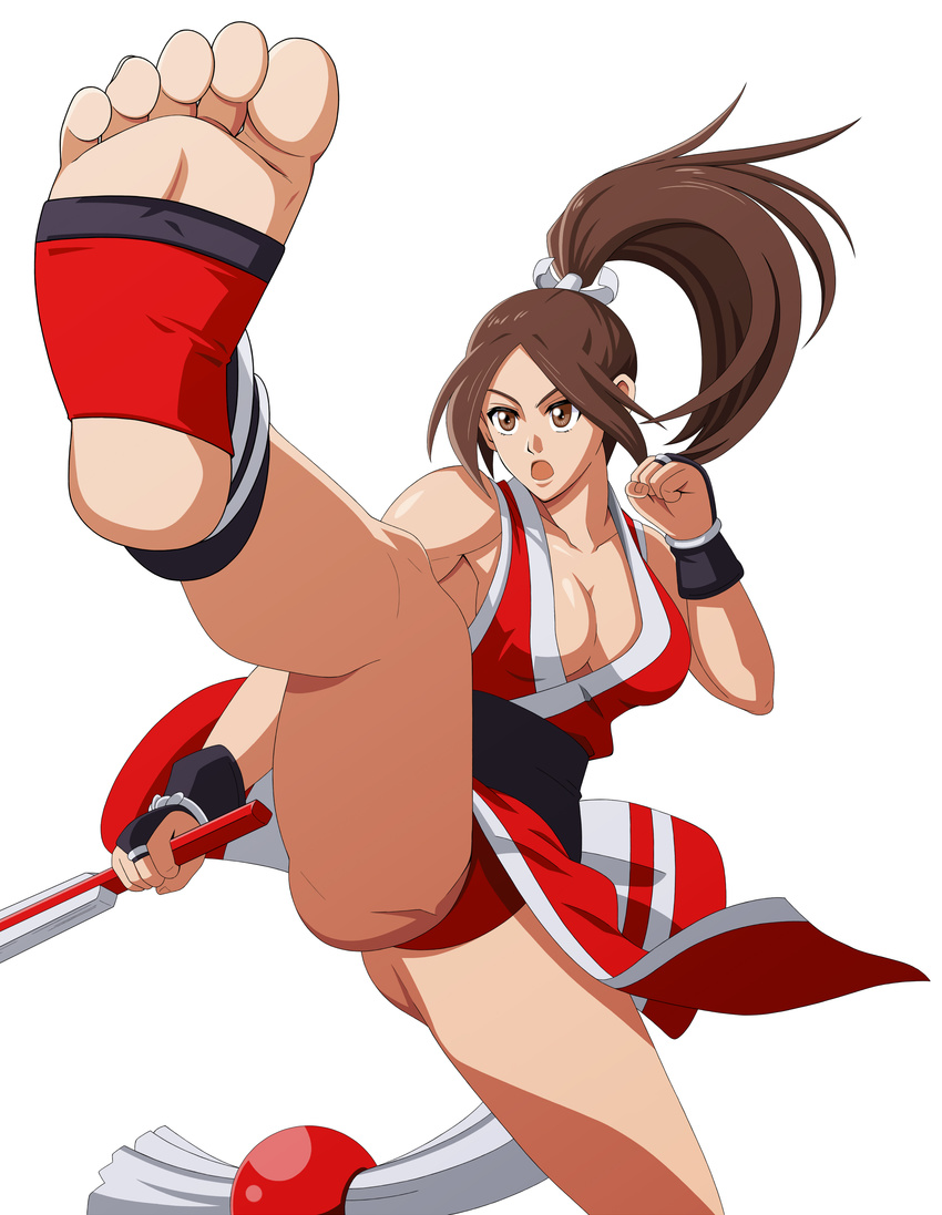 1girl barefoot breasts fan fatal_fury feet highres kick kicking kuroi_ohagi large_breasts ponytail shiranui_mai simple_background snk soles toeless_socks toes white_background