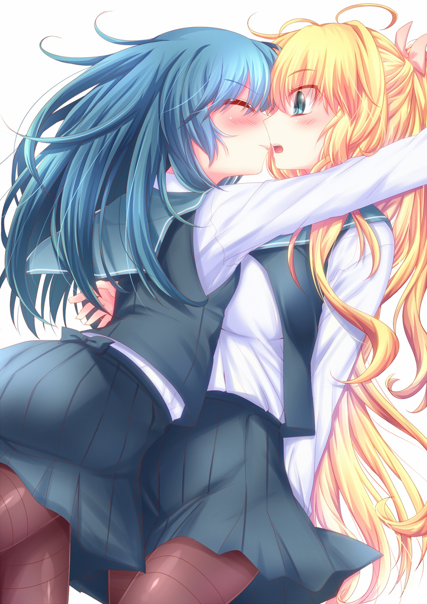 alfred blonde_hair blue_hair blush bow breasts brown_legwear closed_eyes hair_bow highres imminent_kiss large_breasts long_hair multiple_girls open_mouth original pantyhose ponytail school_uniform simple_background skirt small_breasts thighband_pantyhose yuri