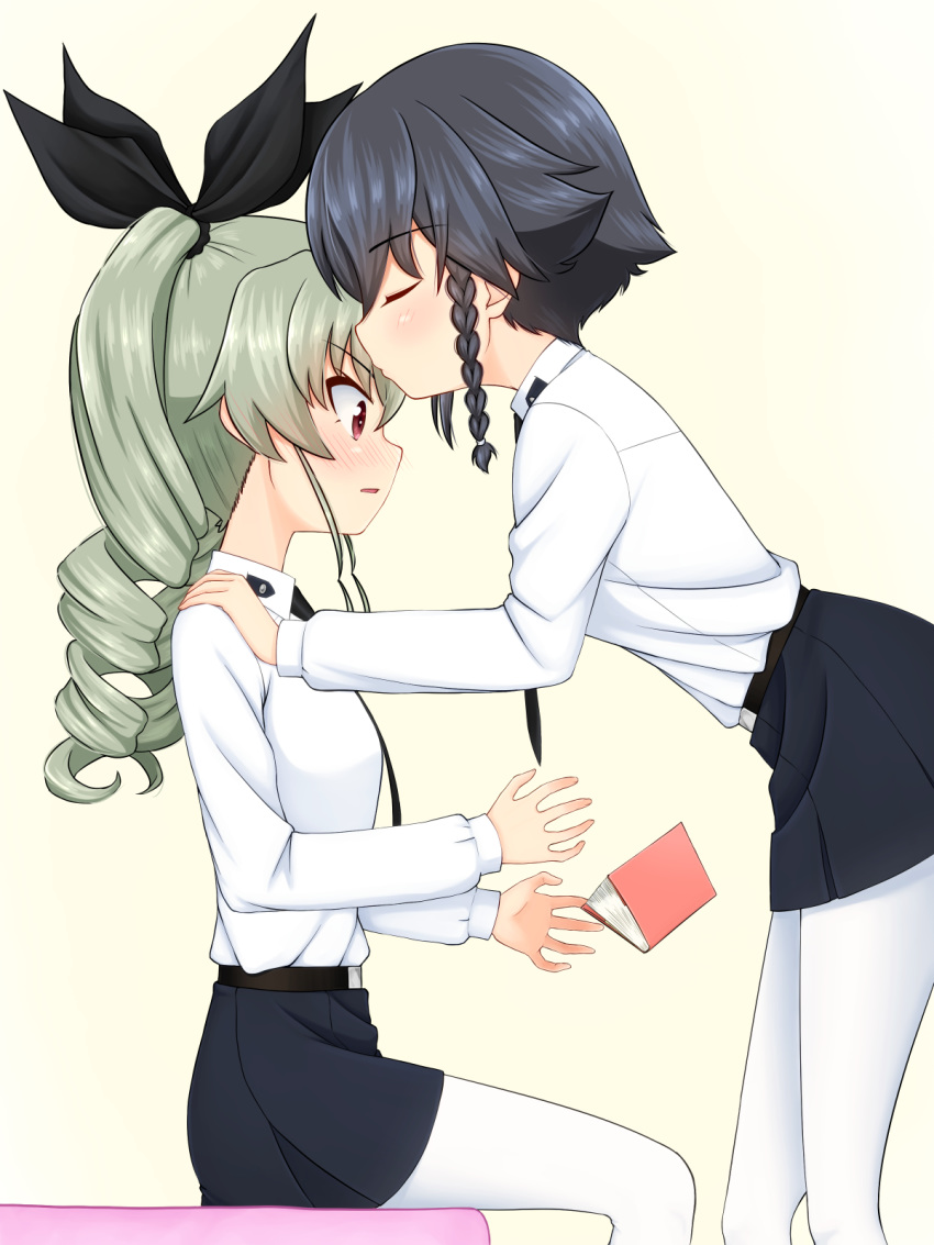 2girls anchovy anzio_school_uniform bangs belt black_belt black_neckwear black_ribbon black_skirt blush book commentary dress_shirt drill_hair dropping emblem eyebrows_visible_through_hair eyes_closed forehead_kiss from_side girls_und_panzer green_hair hair_ribbon hands_on_another's_shoulders hands_on_another's_shoulders highres kiss leaning_forward light_blue_hair long_hair long_sleeves miniskirt multiple_girls necktie pantyhose parted_lips pepperoni_(girls_und_panzer) pleated_skirt red_eyes ribbon ruka_(piyopiyopu) school_uniform shirt short_hair sitting skirt standing surprise_kiss surprised twin_drills twintails white_legwear white_shirt yellow_background yuri