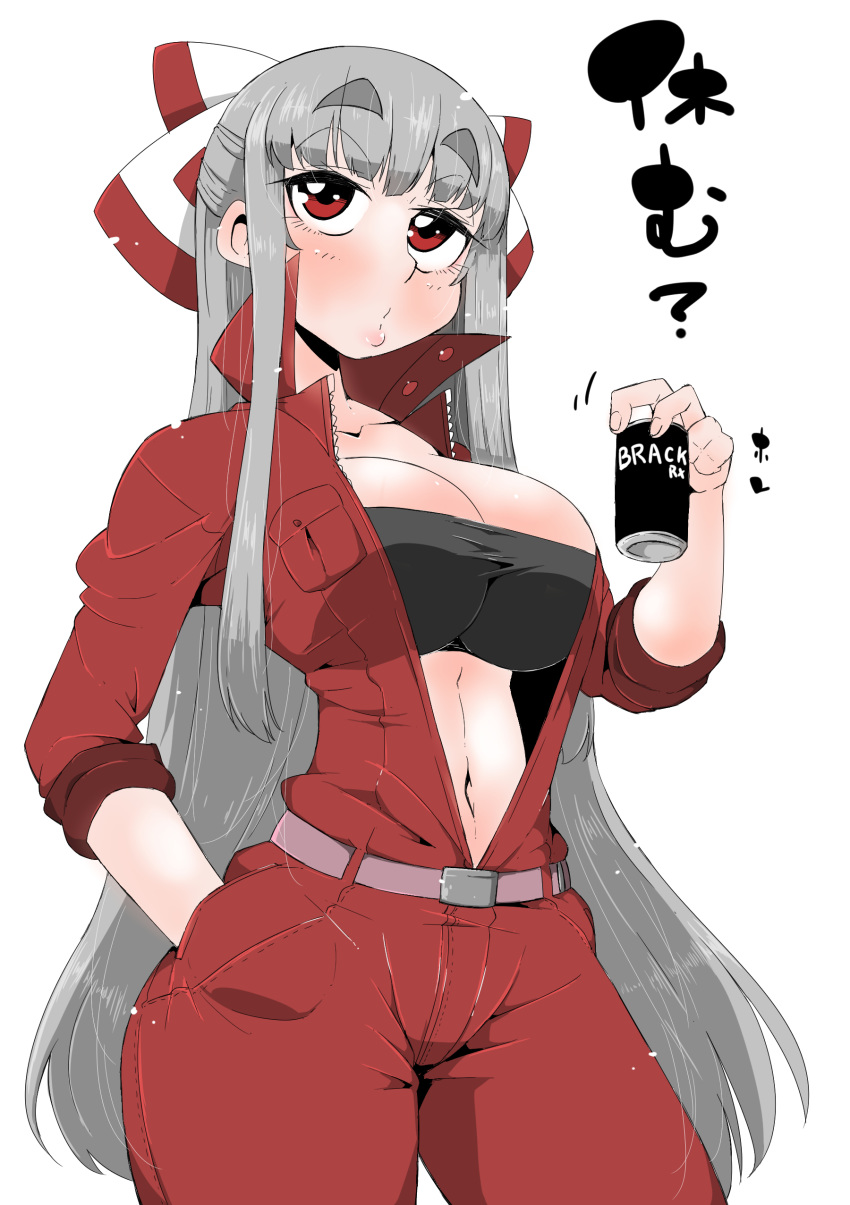 1girl absurdres bandeau bangs belt black_bandeau blush breast_pocket breasts cleavage collarbone commentary_request contrapposto cowboy_shot eyebrows_visible_through_hair eyelashes fujiwara_no_mokou grey_hair hair_spread_out half-closed_eyes half_updo hand_in_pocket highres holding jumpsuit large_breasts long_hair long_sleeves looking_at_viewer midriff narrow_waist navel object_request open_jumpsuit pocket raised_eyebrows red_eyes red_jumpsuit simple_background solo takeu taut_bandeau thick_eyebrows touhou translation_request unzipped very_long_hair white_background wide_hips