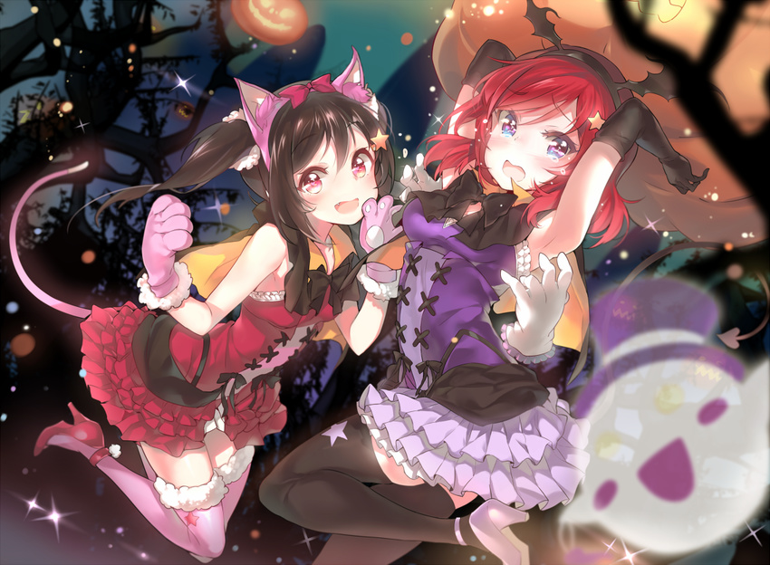 animal_ears bat_wings black_hair blush bow cat_ears cat_paws cat_tail dancing_stars_on_me! demon_tail elbow_gloves fake_animal_ears fake_tail gloves hair_bow hairband halloween long_hair looking_at_viewer love_live! love_live!_school_idol_project multiple_girls nishikino_maki open_mouth paw_gloves paws pumpkin purple_eyes red_eyes red_hair short_hair skirt smile star tail tears thighhighs twintails wings yazawa_nico yuran