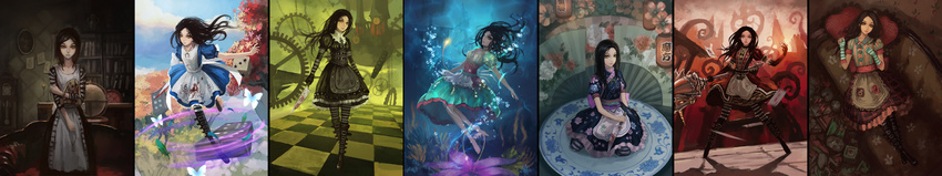 alice_(wonderland) alice_in_wonderland barefoot black_hair blood book boots bubbles butterfly chain clouds collar doll dress elbow_gloves eyepatch feathers flowers gjred gloves goth-loli gothic green_eyes japanese_clothes kimono knife long_hair necklace short_hair skirt sky staff thighhighs tree underwater water weapon yellow_eyes
