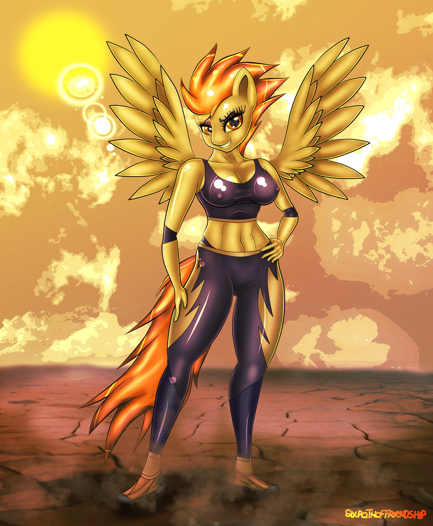 abs absurd_res anthro anthrofied breasts brown_eyes cleavage clothed clothing cloud desert elbow_pads equine erect_nipples eyeshadow female friendship_is_magic hair hi_res lense_flare makeup mammal my_little_pony navel nipples orange_hair outside panties pegasus sixpathoffriendship solo spitfire_(mlp) standing sun thong two_tone_hair underwear wings wonderbolts_(mlp)