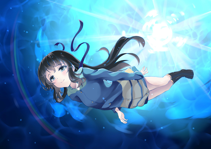 absurdres black_hair blue_eyes cheese_kang freediving hair_down highres hood hoodie jacket long_hair nagi_no_asukara shiodome_miuna solo underwater