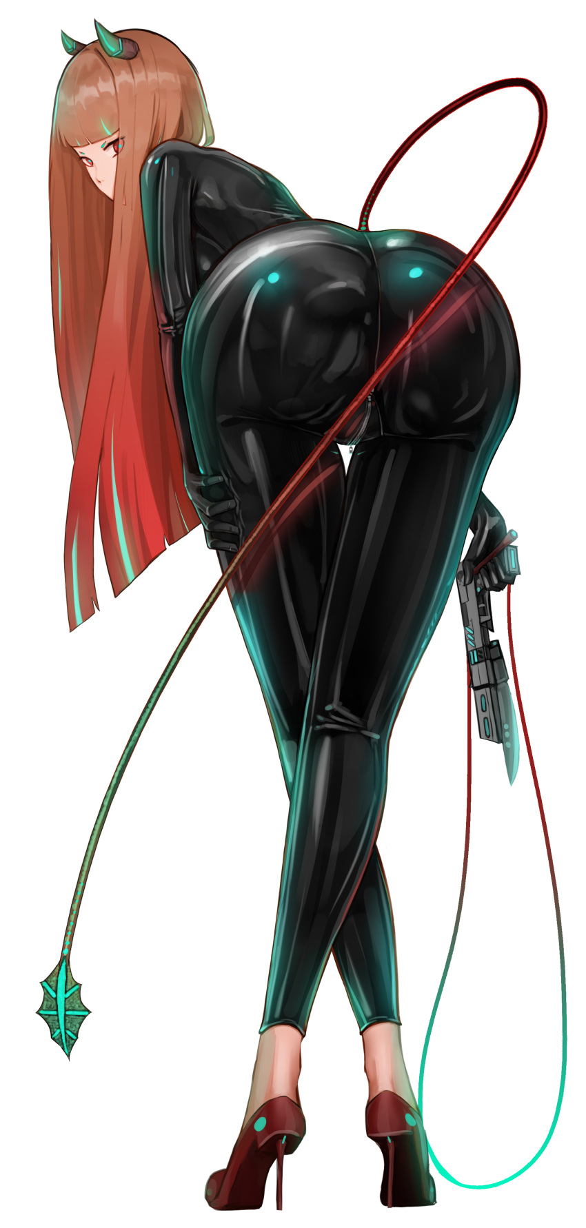 1girl absurdres aqua_hair ass bangs bent_over black_bodysuit blue_pupils blunt_bangs bodysuit crossed_legs crotch_zipper eyes_visible_through_hair from_behind full_body gun hand_on_own_thigh high_heels highres holding holding_gun holding_weapon latex latex_bodysuit legs_crossed looking_at_viewer looking_back mmmmmkun multicolored_hair orange_hair original red_eyes red_footwear reflection reflective_clothing shiny shiny_clothes simple_background skin_tight solo standing straight_hair streaked_hair tail thigh_gap watson_cross weapon white_background zipper