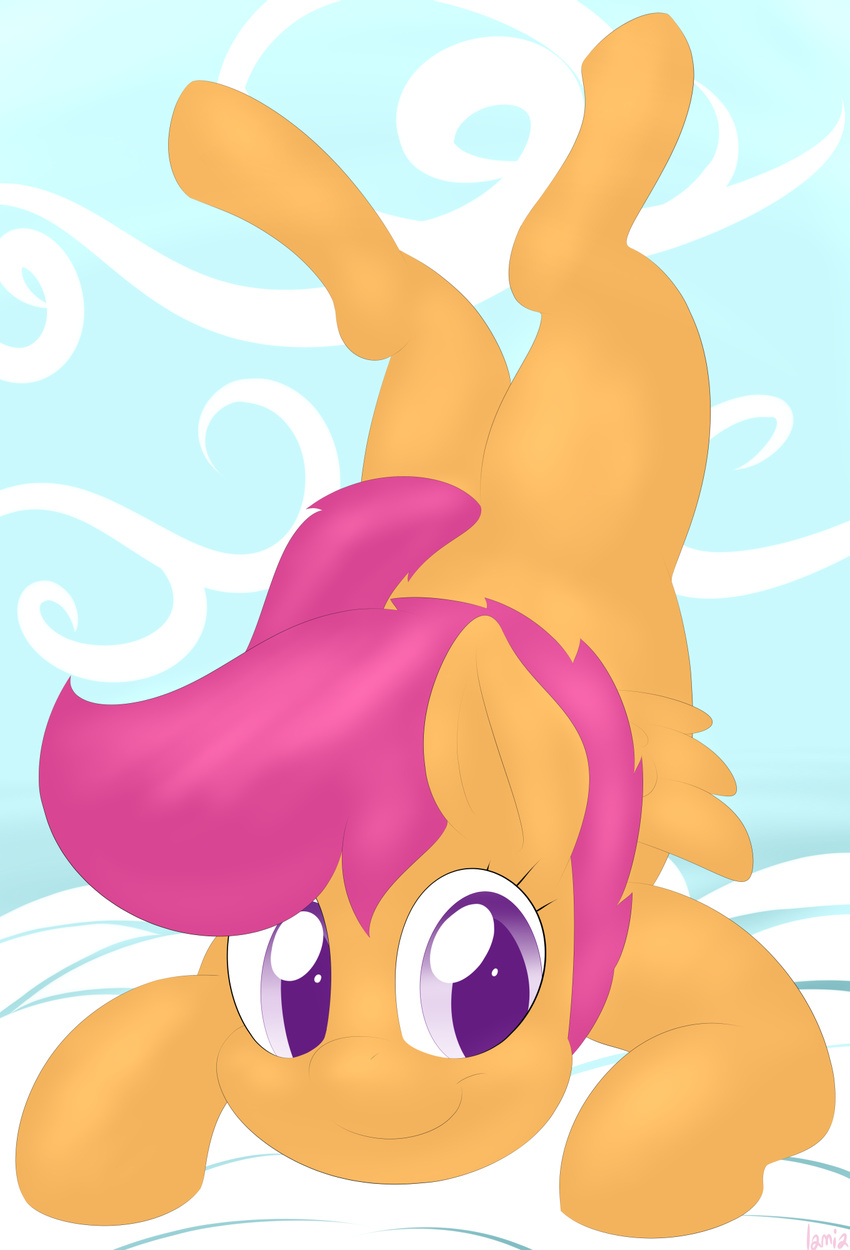 cloud cub cute equine female friendship_is_magic fur hair horse lamiaaaa looking_at_viewer mammal my_little_pony orange_fur pegasus pony purple_hair scootaloo_(mlp) sky smile solo wings young