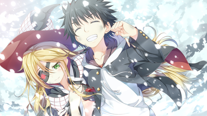 1girl black_hair blonde_hair bruise eyepatch hat highres injury kamijou_touma othinus smile snow spoilers to_aru_majutsu_no_index witch_hat yuuri_nayuta