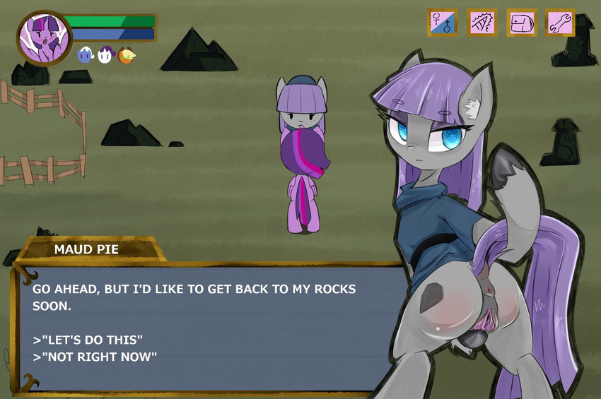 anus blue_eyes butt clothing cutie_mark duo english_text equine female fetlocks friendship_is_magic fur hair horn horse jailbait_knight long_hair mammal maud_pie_(mlp) my_little_pony outside pony purple_fur purple_hair pussy standing text twilight_sparkle_(mlp) unicorn winged_unicorn wings