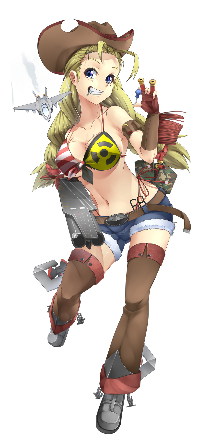 absurdres aircraft airplane america ammunition_pouch anchor antenna_hair armband ass_visible_through_thighs bad_id bad_pixiv_id beads belt belt_buckle bikini bikini_under_clothes blonde_hair blue_eyes blue_shorts blush braid breasts brown_legwear buckle camouflage candy cleavage condensation_trail cowboy_hat cutoffs denim denim_shorts double-barreled_shotgun double_barrels f-18_hornet fighter_jet fingerless_gloves flight_deck food fringe_trim front-tie_bikini front-tie_top full_body glint gloves grin gun hat highleg highleg_bikini highres hips holding holding_gun holding_weapon jet kagiyama_(gen'ei_no_hasha) kantai_collection large_breasts leaning legs_apart lollipop long_hair looking_at_viewer m81_woodland_(camo) military military_vehicle mouth_hold navel number original pouch print_bikini scrunchie short_shorts shorts shotgun shotgun_shells side-tie_bikini sideboob smile solo standing strap_gap string_bikini striped striped_bikini swimsuit tattoo the_final_countdown thighhighs transparent_background twin_braids underboob uss_nimitz_(cvn_68) weapon western woodland_pattern