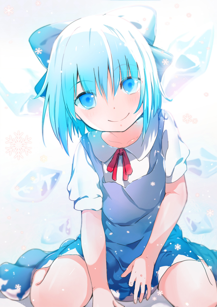 bad_id bad_pixiv_id blue_eyes blue_hair blush bow cirno dress hair_bow highres short_hair smile solo touhou wings yamada_ranga