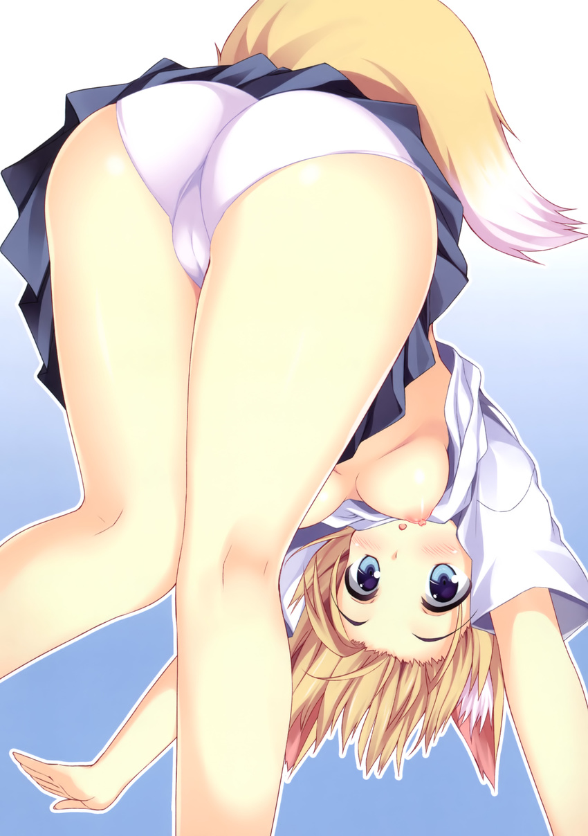 :o absurdres animal_ears ass bent_over blue_eyes breasts brown_hair cameltoe fox_ears fox_tail highres medium_breasts nipples no_bra panties shirt_lift solo tail tateha_(marvelous_grace) trefoil underwear upskirt white_panties