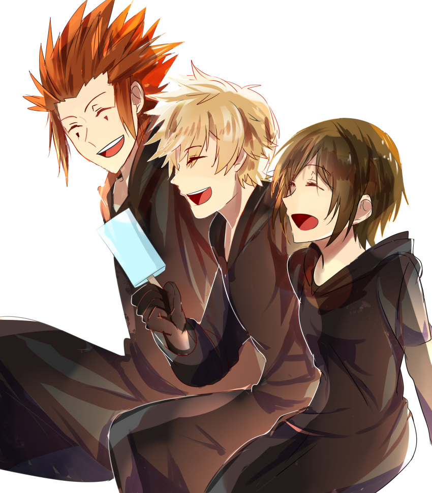 1girl absurdres axel_(kingdom_hearts) black_coat_(kingdom_hearts) black_hair blonde_hair cloak commentary eyes_closed facial_mark food gloves highres holding ice_cream kingdom_hearts kingdom_hearts_358/2_days multiple_boys open_mouth organization_xiii red_hair roxas short_hair smile white_background xion_(kingdom_hearts)