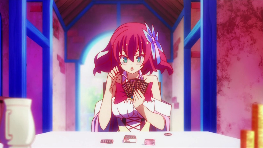 1girl bare_shoulders card card_game no_game_no_life playing_card red_hair short_hair stephanie_dora table thinking