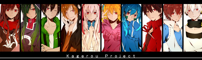 5girls absurdres albino alternate_eye_color amamiya_hibiya bad_id bad_pixiv_id black_hair blonde_hair blue_hair brown_hair ene_(kagerou_project) everyone green_hair hair_ornament hairclip headphones highres hood hoodie kagerou_project kano_shuuya kido_tsubomi kisaragi_momo kisaragi_shintarou konoha_(kagerou_project) kozakura_marry multiple_boys multiple_girls one_eye_closed pink_hair planetes_(ann1990702317) red_eyes red_hair red_scarf scarf seto_kousuke shirt t-shirt tateyama_ayano title white_hair