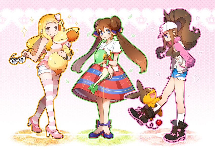 3girls angry blonde_hair blouse blue_eyes breasts brown_hair cleavage denim dress ears fennekin glasses grey_eyes hair hair_ornament hair_ribbon happy hug jacket jeans knees legs legwear long_hair mei_(pokemon) multiple_girls nintendo pants pokemon pokemon_(anime) pokemon_(game) pokemon_bw pokemon_bw2 pokemon_xy pokewood ribbon serena_(pokemon) shoes shorts small_breasts smile sneakers snivy striped striped_legwear tepig touko_(pokemon) twintails