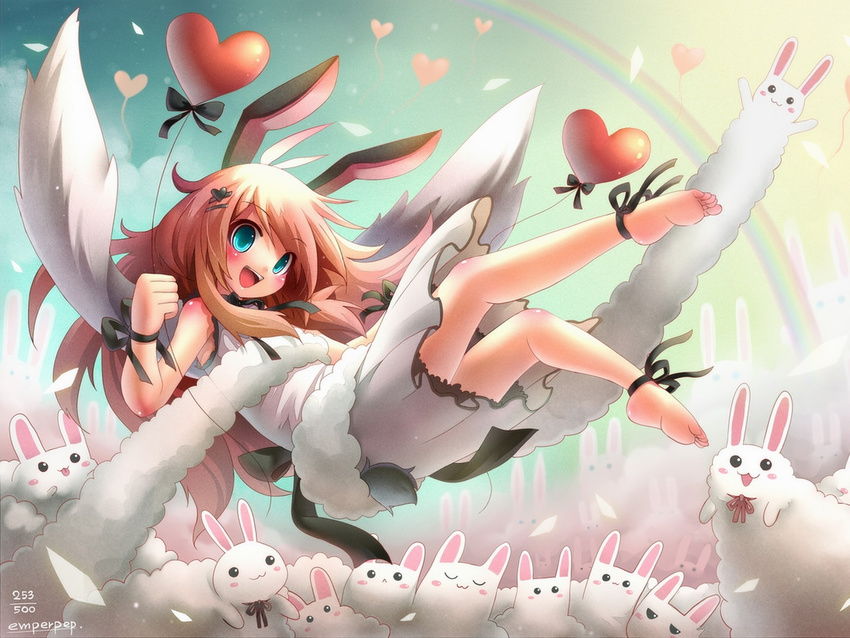 animal_tail balloons barefoot base_of_the_tail blush emperpep female green_eyes hair human lagomorph long_hair looking_at_viewer mammal open_mouth rabbit rabbit_ears rabbit_tail rainbow ribbons root_of_the_tail short_tail smile soles wings