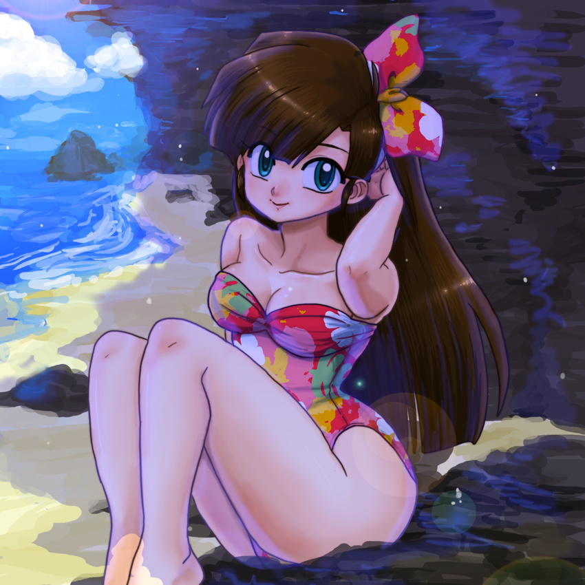 blue_eyes bow brown_hair highres kuonji_ukyou long_hair multicolored multicolored_bow multicolored_clothes multicolored_swimsuit one-piece_swimsuit ranma_1/2 sitting solo swimsuit wanta_(futoshi)