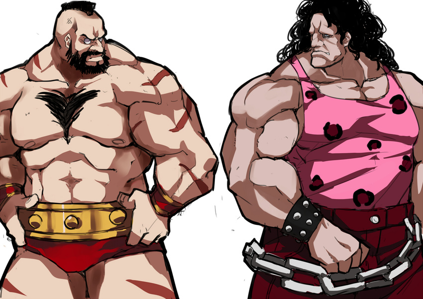 beard black_hair chest_hair curly_hair facial_hair hugo_andore makai male_focus mohawk multiple_boys muscle shirtless side-by-side stare_down street_fighter street_fighter_iv_(series) zangief
