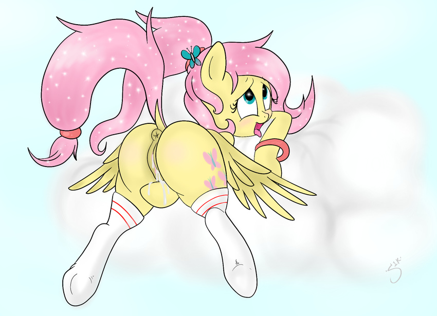 blue_eyes blush clitoris cloud equine feathers female fluttershy_(mlp) friendship_is_magic fur hair hairclip hooves horse long_hair lying mammal masturbation my_little_pony on_front open_mouth pegasus pink_hair pony ponytail pussy pussy_juice raised_tail silveronekunai socks solo tongue tongue_out wings wristband yellow_fur