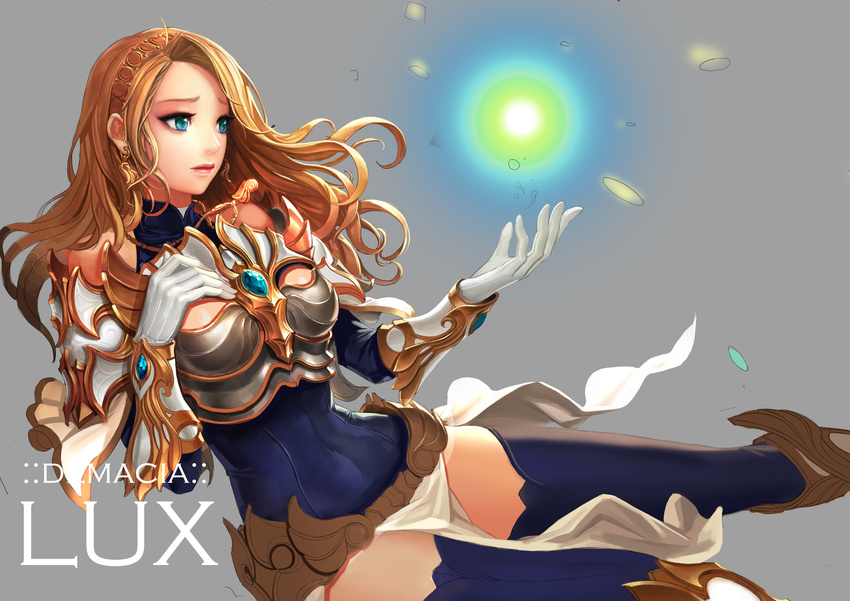 armor blue_eyes brown_hair cherrylich gloves league_of_legends long_hair luxanna_crownguard magic thighhighs