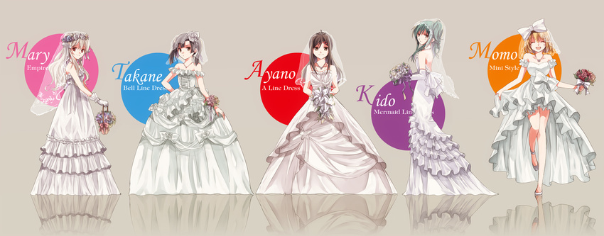 blonde_hair bouquet bridal_veil brown_eyes brown_hair dress enomoto_takane flower flower_bracelet green_hair high_heels highres iroha_(shiki) kagerou_project kido_tsubomi kisaragi_momo kozakura_marry legs long_hair md5_mismatch multiple_girls red_eyes reflective_floor short_hair tateyama_ayano veil wedding_dress yellow_eyes