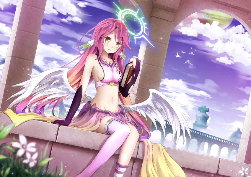 angel_wings arch architecture asakurashinji bangs bare_shoulders bird black_gloves blurry blush book breasts bridal_gauntlets chess_piece cloud collarbone depth_of_field dutch_angle feathered_wings flower gloves gradient_hair grass greco-roman_architecture groin halo highres holding holding_book jibril_(no_game_no_life) kneehighs knees_together_feet_apart long_hair looking_at_viewer low_wings magic_circle medium_breasts midriff mismatched_gloves mismatched_legwear multicolored_hair navel no_game_no_life outdoors parted_lips pillar pink_hair planet purple_hair purple_legwear sideboob single_kneehigh single_thighhigh sitting sky sleeveless smile solo symbol-shaped_pupils thighhighs torn_clothes torn_gloves very_long_hair wallpaper white_wings wings yellow_eyes