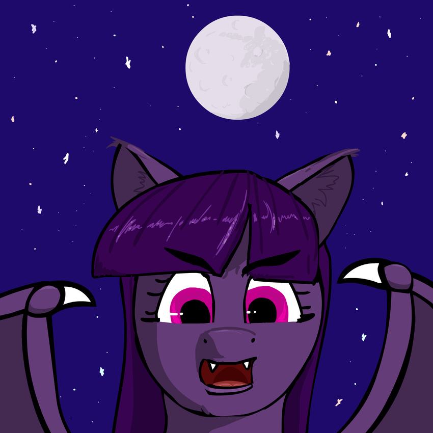 fangs foxfoxplz fur hair horse long_hair mammal moon my_little_pony night open_mouth outside pony purple_eyes purple_fur purple_hair solo vampire vampony wings