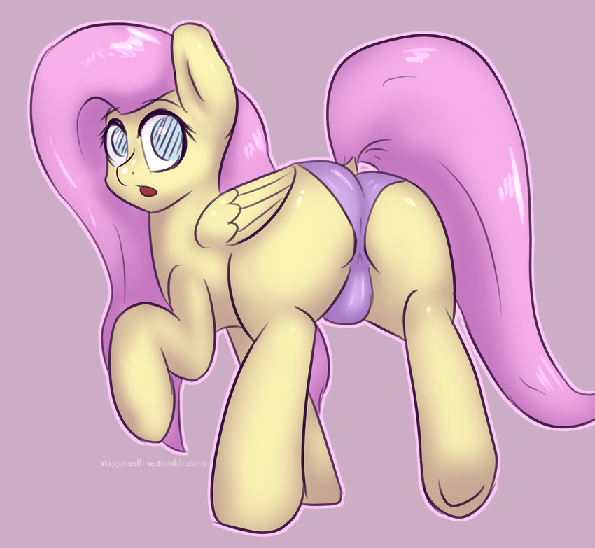 blue_eyes butt equine female fluttershy_(mlp) friendship_is_magic fur hair horse looking_at_viewer looking_back mammal my_little_pony open_mouth panties pegasus pink_hair pony solo staggeredline underwear wings yellow_fur