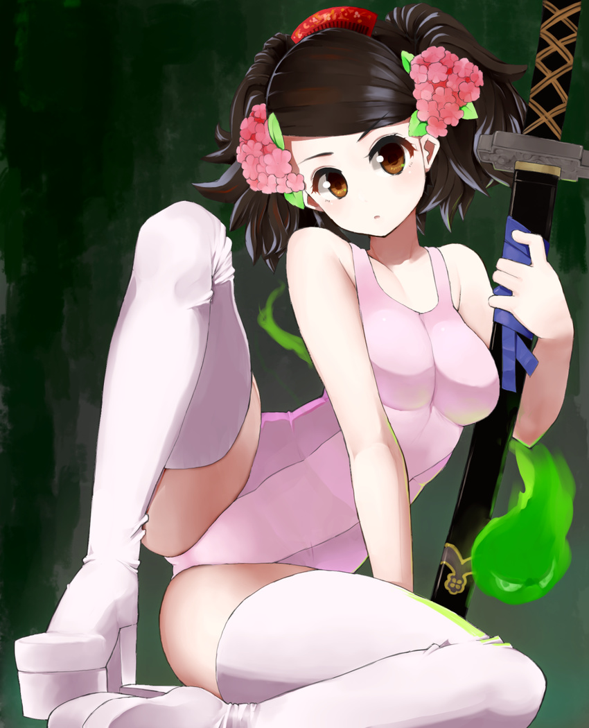 black_hair blush boots brown_eyes comb flower hair_flower hair_ornament highres hitodama izuna_jinkuro katana leotard momohime nijitama_shiyushiyu oboro_muramasa open_mouth platform_footwear sheath short_hair sitting solo spread_legs sword thigh_boots thighhighs weapon white_legwear