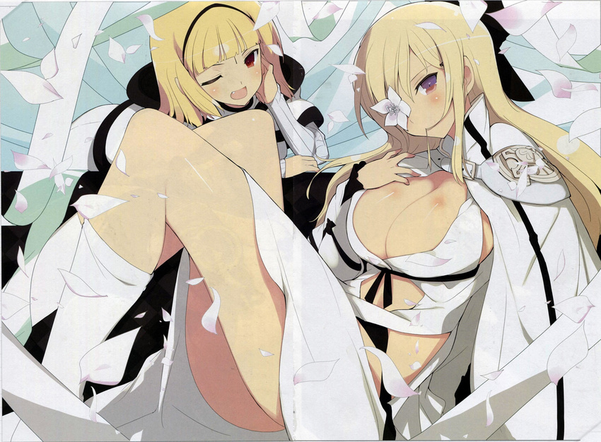 2girls alternate_breast_size bare_shoulders blonde_hair boots bow braid breasts cape center_opening cleavage drag-on_dragoon drag-on_dragoon_3 female flower full_body gauntlets hair_bow hair_ornament hairband high_heels highres huge_breasts multiple_girls navel official_art one_(drag-on_dragoon) red_eyes ribbon shawl shoes short_cape siblings sisters solo thigh_strap weapon white_hair white_shoes yaegashi_nan zero_(drag-on_dragoon)