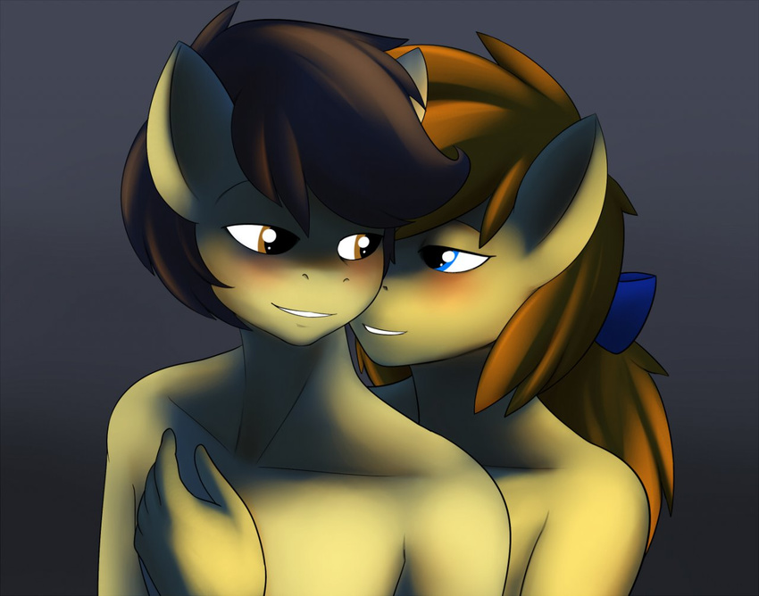 anthro anthrofied blue_eyes bow brown_eyes brown_hair couple duo equine female friendship_is_magic hair horse hug incest male mammal marik_azemus34 my_little_pony nude pony ponytail pound_cake_(mlp) pumpkin_cake_(mlp) twinges winces young